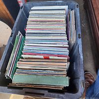 Top view of tote filled with upright LP records