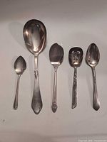 Five assorted mixed-metal spoons laid out