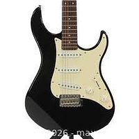 Front view of black Yamaha EG303 electric guitar showing body, pickups, pickguard, neck, and hardware
