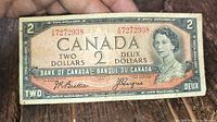 Obverse of $2 banknote showing serial XB 7272938 and Queen Elizabeth II portrait