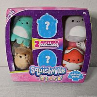 Front of sealed Squishville SeaLife Squad 6-pack showing four visible mini plush and package details