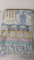 Front view of sealed afghan showing bunny design and fringe