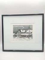 Full view of framed etching with mat and black frame