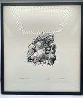 Full view of framed etching showing artwork, frame, mat and numbering