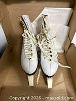 Top view of skates in box with guards attached