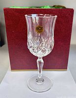 Front view of one RCR Italia crystal wine glass with original label against red box