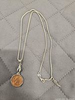 Full view of silver box chain with penny pendant