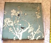 Front view of teal botanical canvas showing design and colors