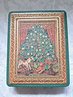 Top view showing Christmas tree artwork and border