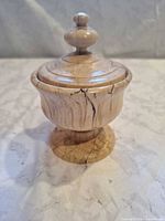 Front view of spalted birch lidded trinket box on pedestal base