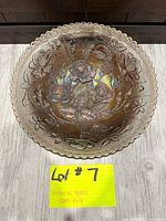 Top view of iridescent Open Rose pattern bowl showing scalloped rim and floral design