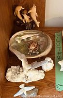 Group view showing dolphins, abalone shell with shell turtle, seagull figurines and white bird