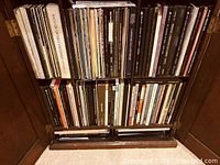 Wide view of two shelves filled with vinyl records