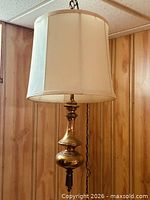 Full view of brass swag lamp with shade and chain
