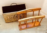 Embossed metal box rack and wooden slat rack side by side