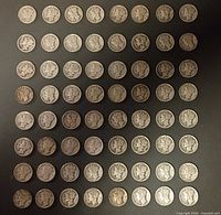 Obverse view of all 64 Mercury dimes arranged in 8×8 grid