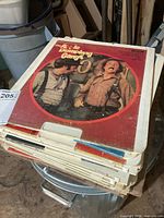 Stack of CED video discs showing The Apple Dumpling Gang on top