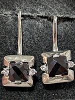 Front view showing both earrings, garnet stones and setting