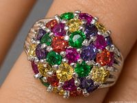 Top view displaying multi-coloured gemstone cluster on silver ring