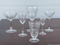 Six representative etched crystal glasses of differing shapes