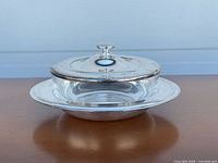 Side view of assembled dish showing silver rim, crystal insert, lid