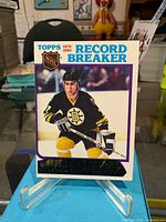 Front view of Topps Ray Bourque Record Breaker card on stand