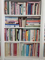 Full view of three shelves densely filled with books and magazines