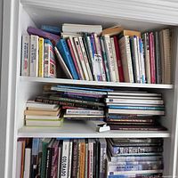 Full view of three shelves loaded with assorted books