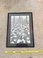 Full view framed print on carpet with tape measure showing size