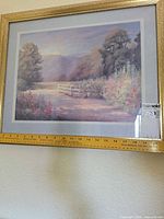 Landscape giclée print in gold frame with ruler for scale