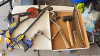 Overall lot showing clamps, hand drills, mallet, saw blade, auger bit