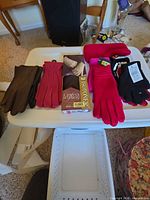 Overview of all five glove pairs laid out on table