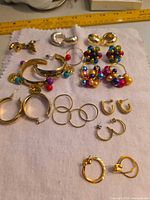 All eleven pairs of earrings arranged on cloth showing styles, finishes, beads and closures