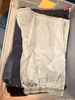 Top view of tub showing light blue jogger pants over darker garments