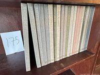 Full row of clothbound volumes on shelf showing quantity and uniform covers