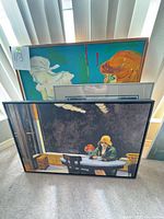 Overview of three artworks: framed Hopper print front, giclée behind, original canvas portrait back