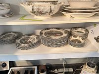 Full shelf view showing multiple stacks of winter village plates and bowls