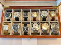 Open box showing all 12 watches in individual slots