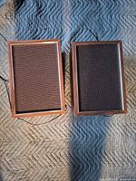 Front view of both speakers showing wood frames and fabric grilles