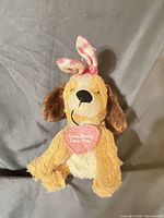 Front view of plush puppy with bunny ears and heart tag