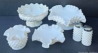 Group shot of all five Fenton hobnail milk glass pieces
