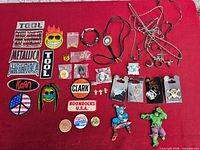 Overall lot layout displaying patches, pins, necklaces, earrings, coins and magnets