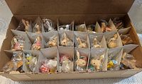 24 individually bagged wooden animal figurines in sectioned box