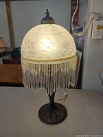 Lamp illuminated showing frosted mottled shade and beaded fringe