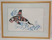 Full view of framed Killer Whale print in mat and light wood frame