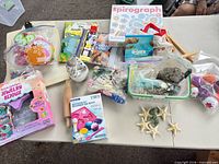Overview of all items on table including kits, books, figurine, shells and tools
