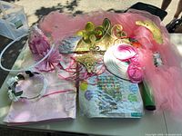 All items laid out on table showing crowns, tiaras, tutu, lantern, banner, table cover