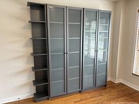 Front view of assembled three-piece bookcase system
