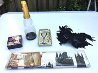 Group shot of all items: plastic champagne bottle, wall decal kit, wine markers set, feather mask, petals box