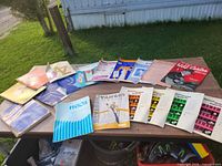Wide shot of full lot on table showing sheet music and organ books